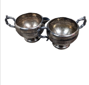 Viking Plate Creamer Dugar Bowl Set Silver Plated Lead Mounts Vintage